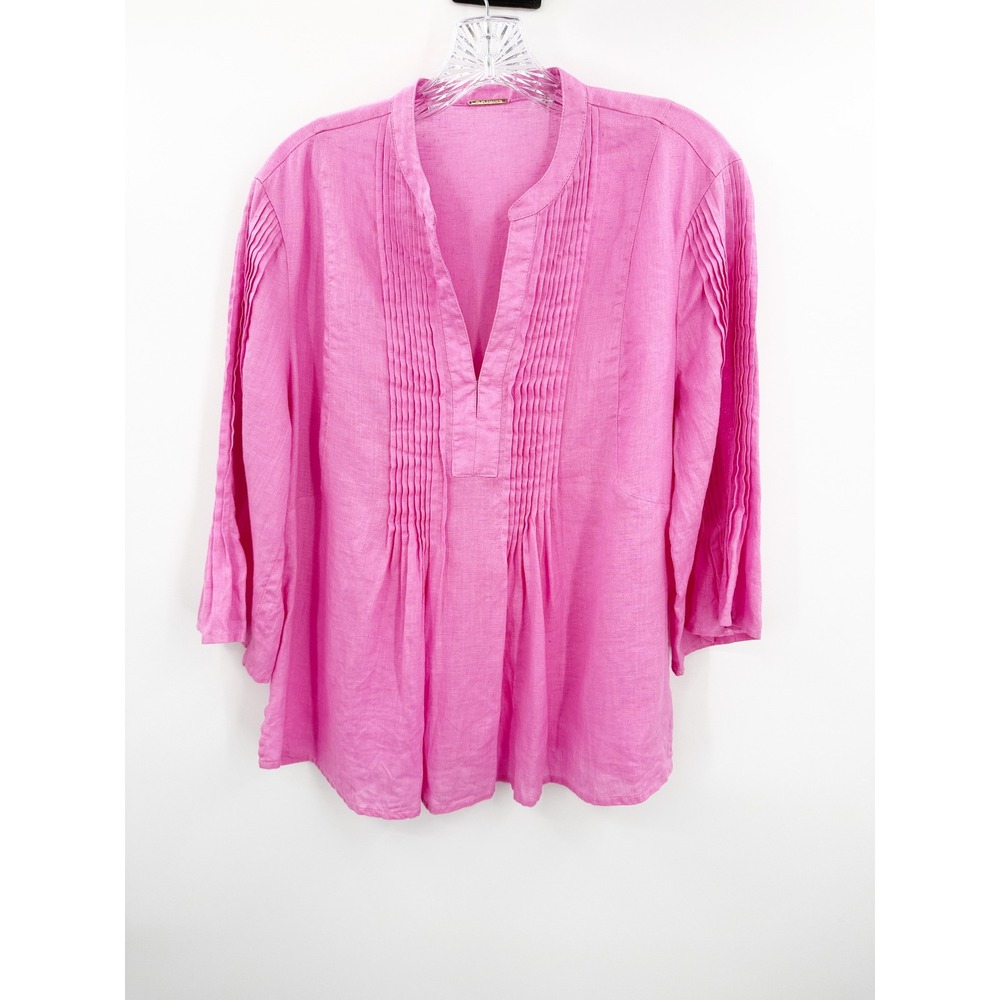 Elie Tahari Pink 100% Linen Pintuck Split Neck Blouse 3/4 Bell Sleeve Womens L